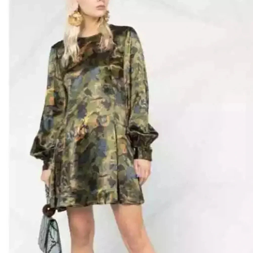 NWT GANNI Heavy Satin Printed Logo Short Dress 44 (US 10/12) Olive Luxury *read